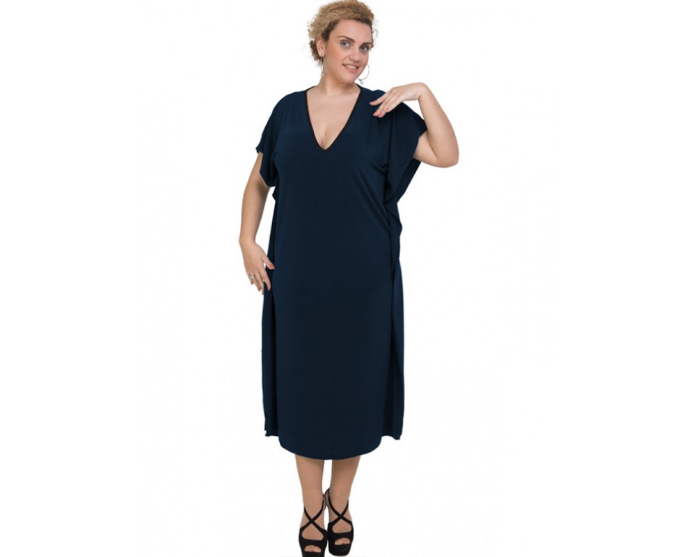 A20-133 Bat Sleeve Dress - Navy Blue Plus Size