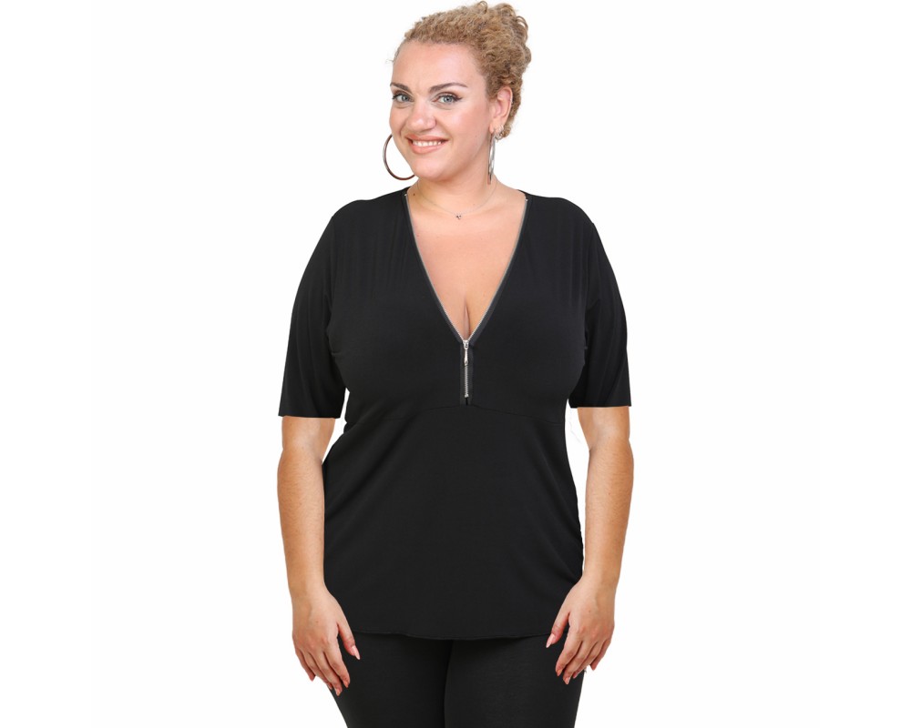 A20-190 Classic blouse with zipper - Black Plus Size