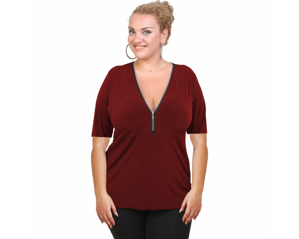A20-190 Classic blouse with zipper - Bordeaux Plus Size