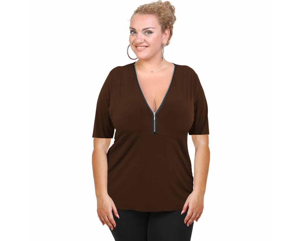 A20-190 Classic blouse with zipper - Brown Plus Size