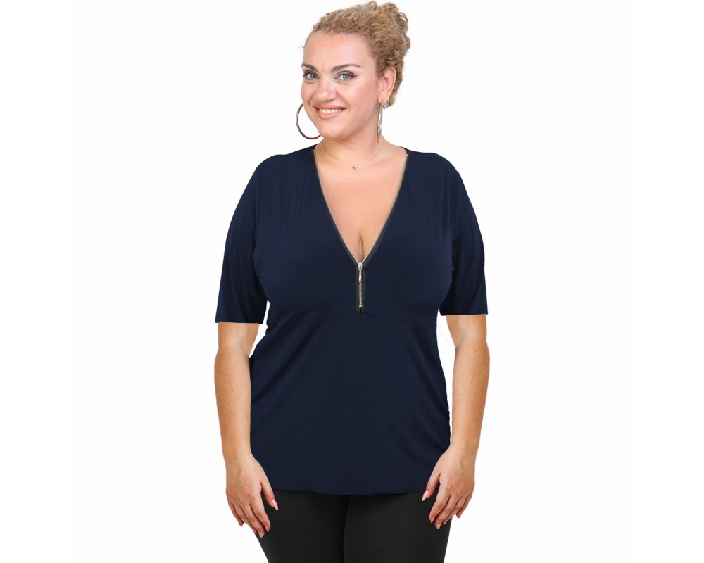 A20-190 Classic blouse with zipper - Navy Blue Plus Size