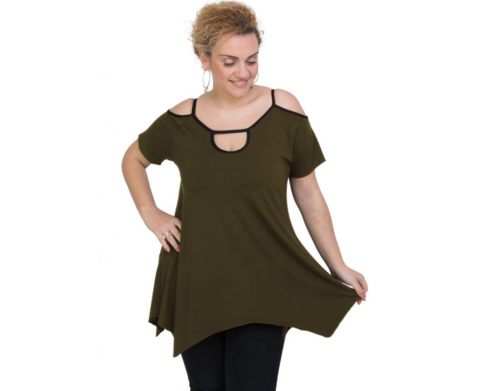 A20-222A Alpha blouse with hole on the neck - Khaki Dark Plus Size