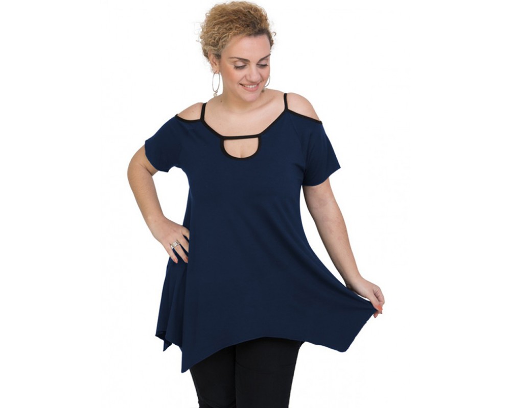 A20-222A Alpha blouse with hole on the neck - Navy Blue Plus Size