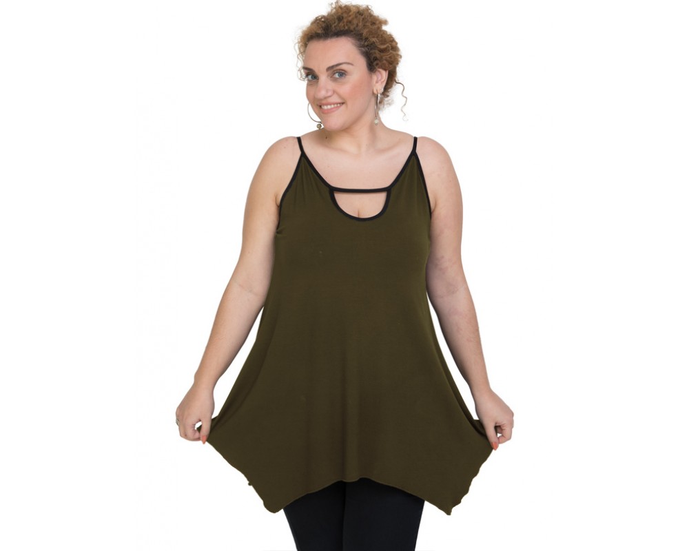 A20-222AB Alpha blouse with hole on the neck top - Khaki Dark Plus Size