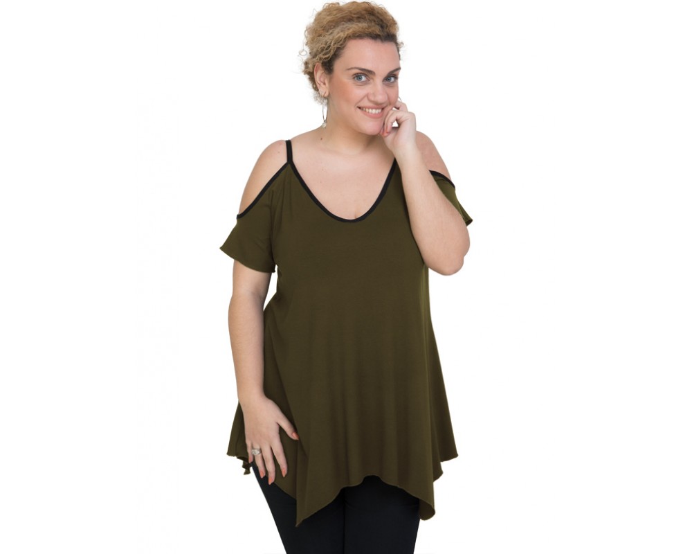 A20-223A Alpha blouse with V neck - Khaki Dark Plus Size