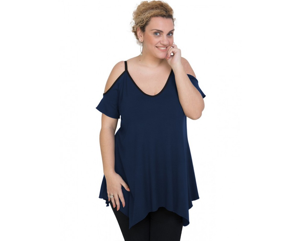 A20-223A Alpha blouse with V neck - Navy Blue Plus Size