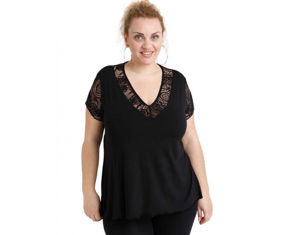 A20-288D Evaze blouse with lace - Black Plus Size