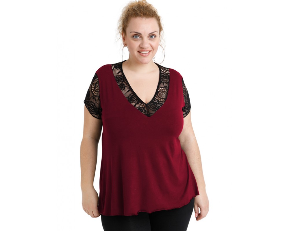 A20-288D Evaze blouse with lace - Bordeaux Plus Size