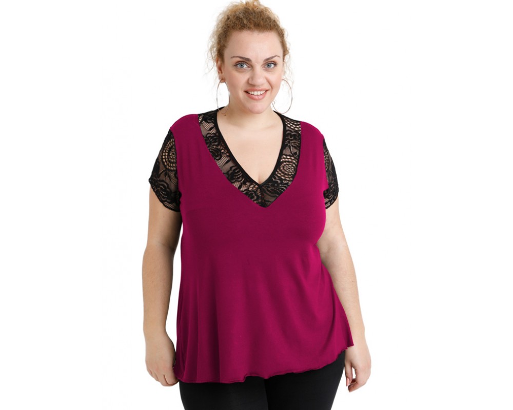 A20-288D Evaze blouse with lace - Fuchsia Plus Size