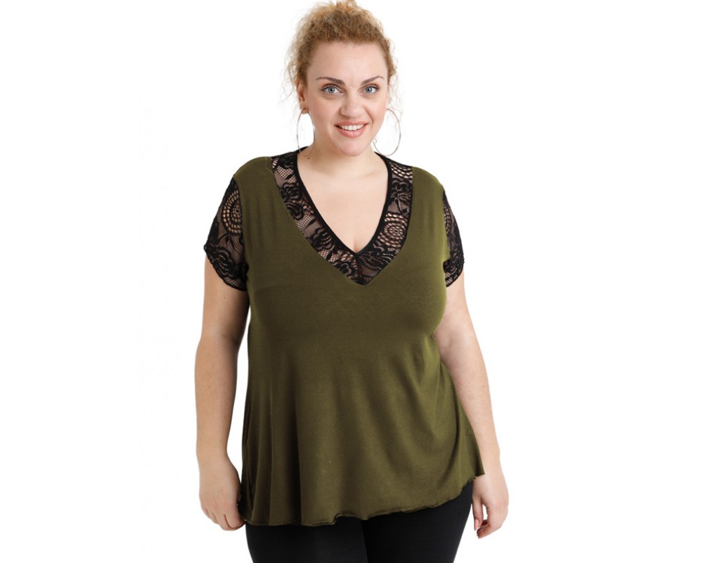 A20-288D Evaze blouse with lace - Khaki Plus Size
