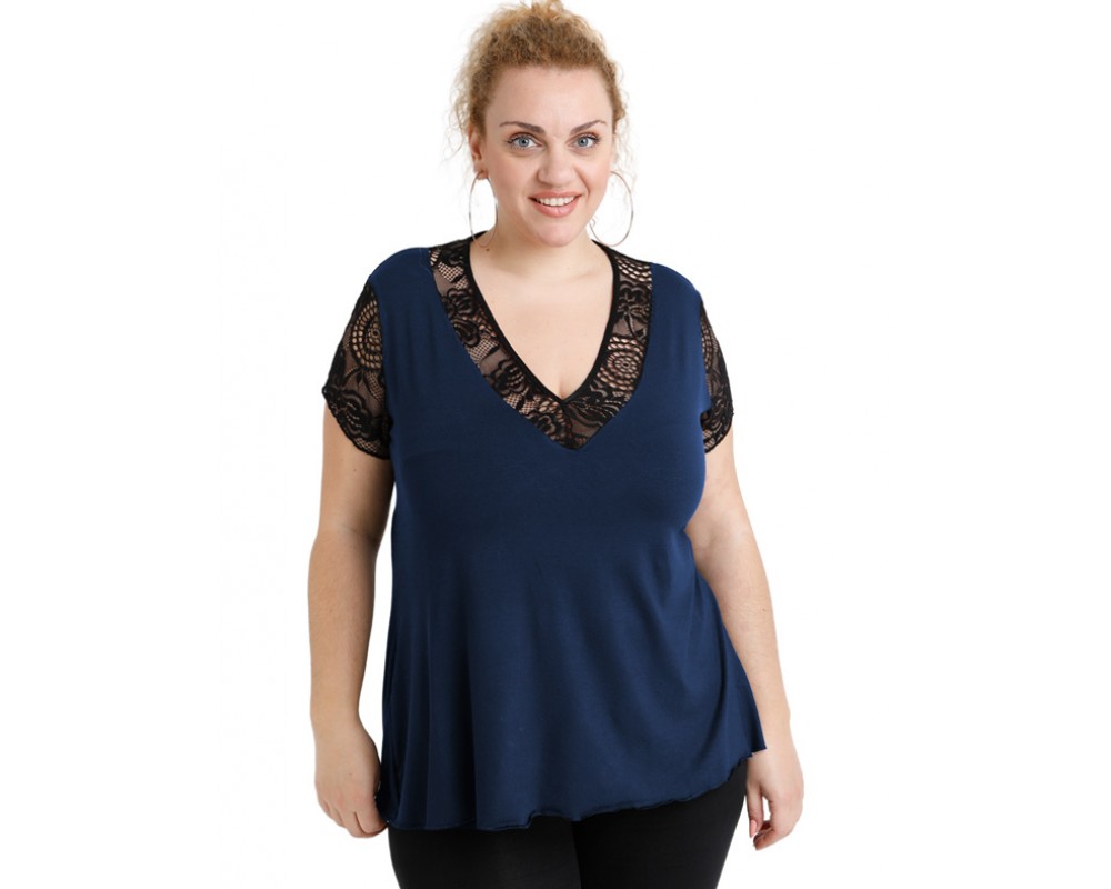 A20-288D Evaze blouse with lace - Navy Blue Plus Size