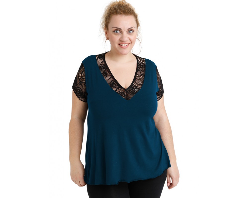 A20-288D Evaze blouse with lace - Petrol Plus Size