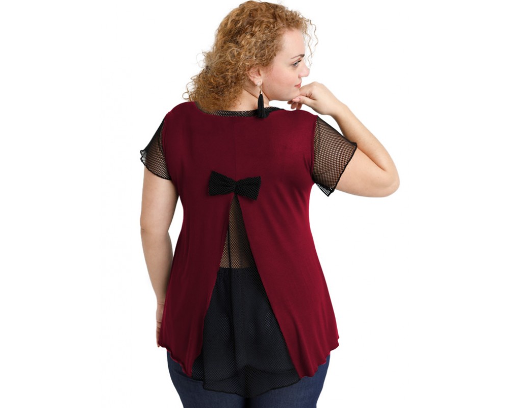 A20-5589 Evaze blouse with net on the back - Bordeaux Plus Size