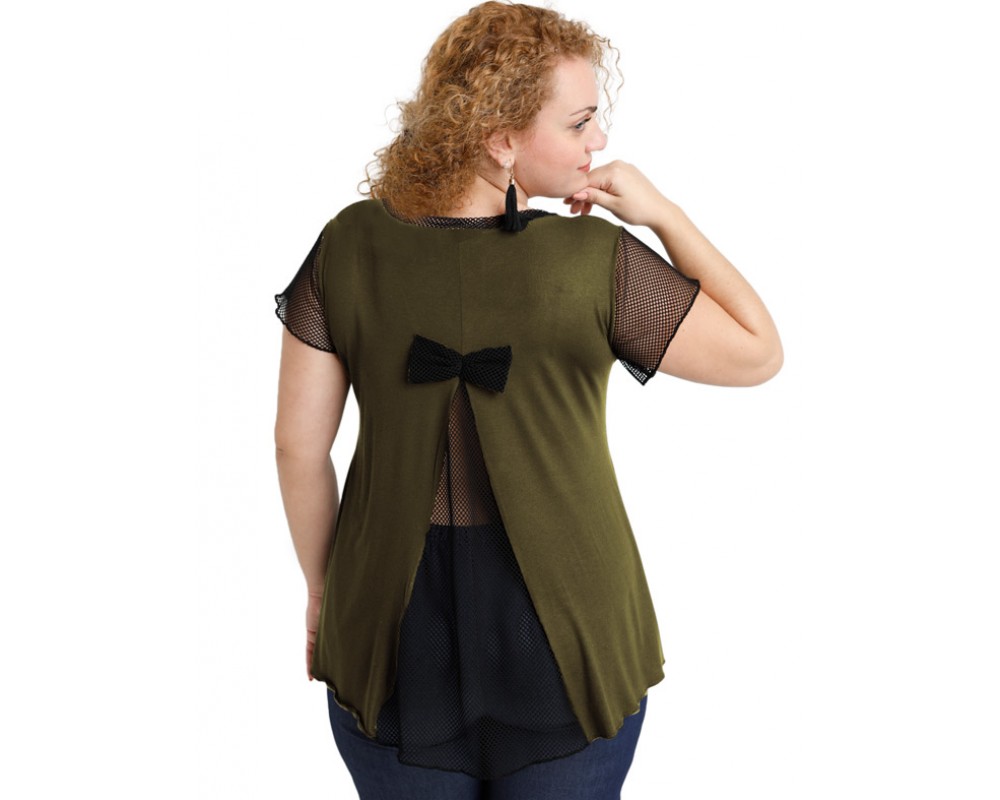 A20-5589 Evaze blouse with net on the back - Khaki Plus Size