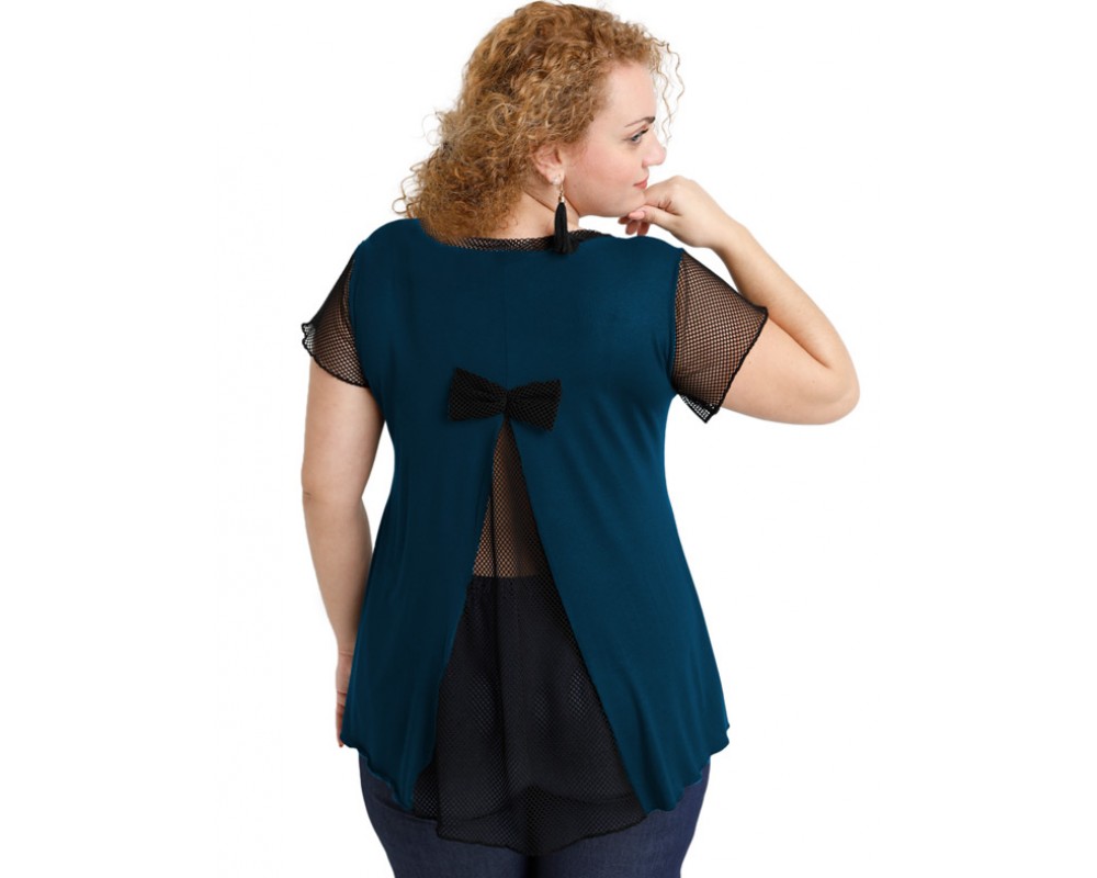 A20-5589 Evaze blouse with net on the back - Petrol Plus Size