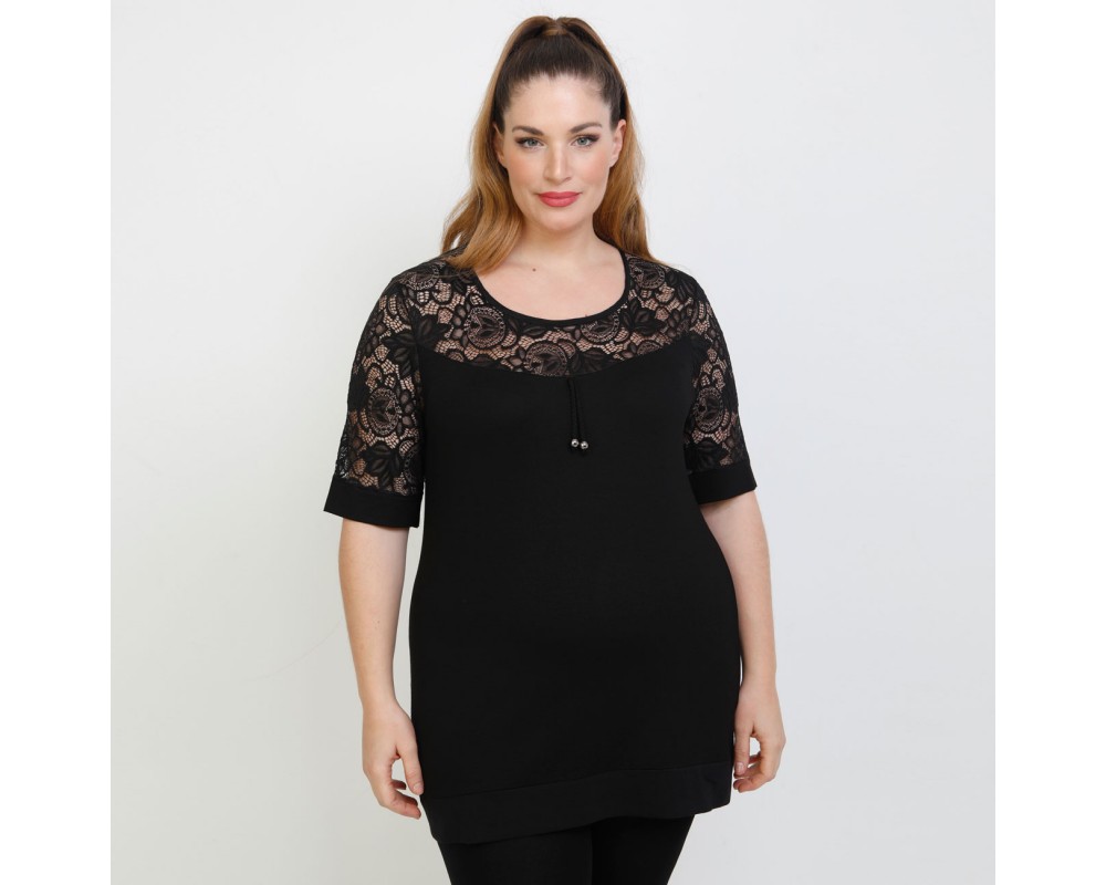 A22-113D Evaze blouse with lace - Black Plus Size