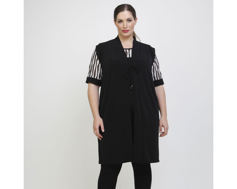 A22-142KZ Long Cardigan / Camisole - Black Plus Size