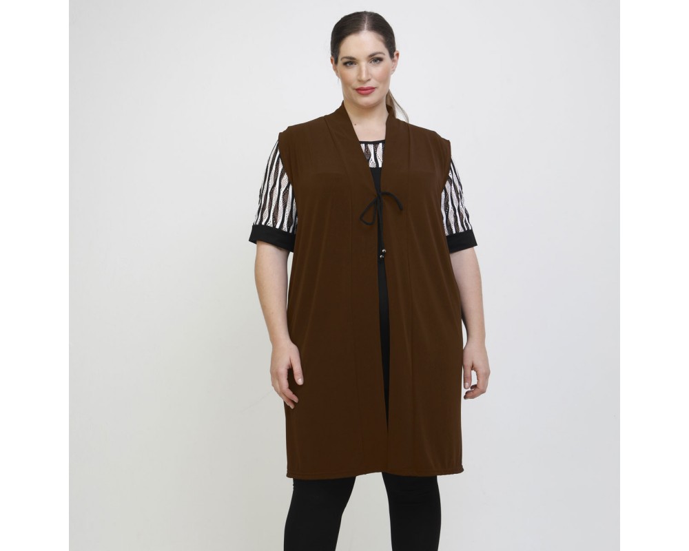 A22-142KZ Long Cardigan / Camisole - Brown Plus Size