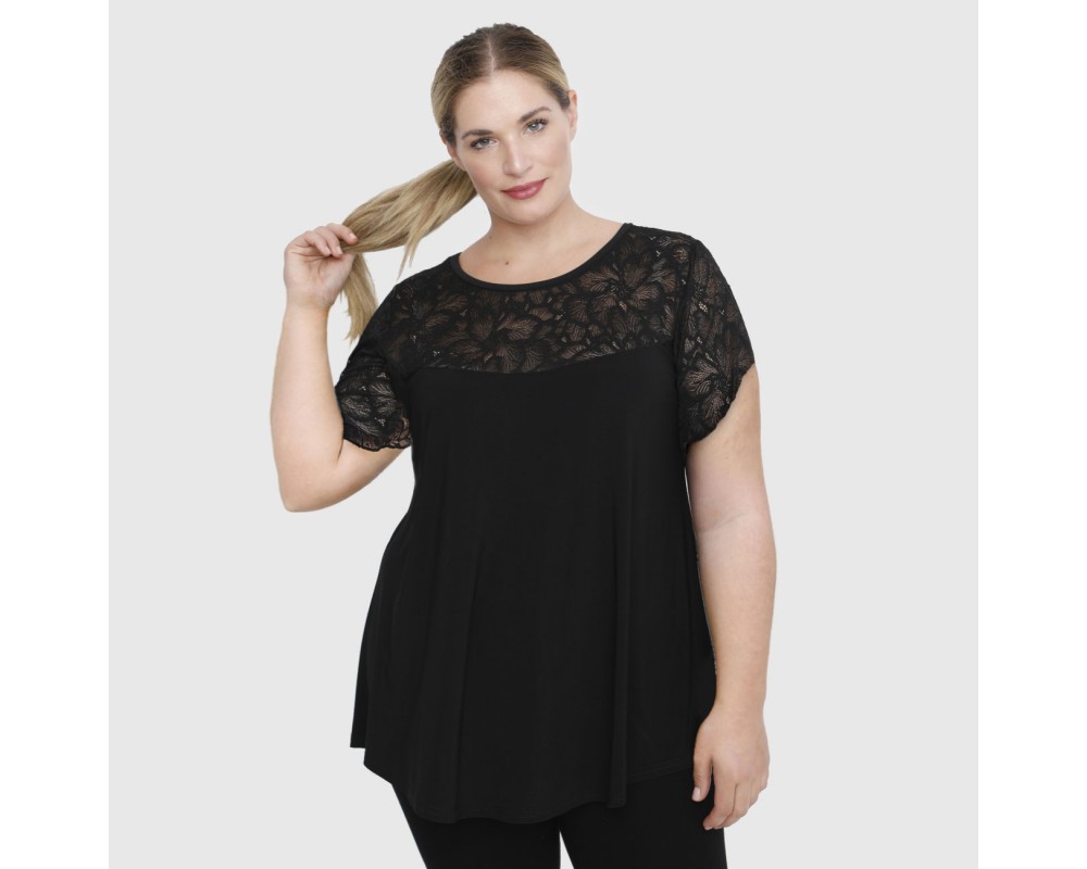 A23-113D Blouse with Lace on chest and sleeve end - Black Plus Size