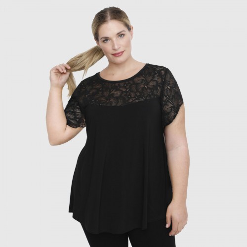 A23-113D Blouse with Lace on chest and sleeve end - Black