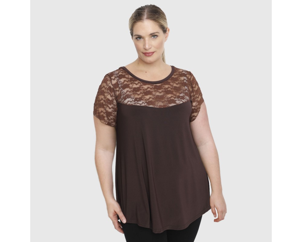A23-113D Blouse with Lace on chest and sleeve end - Brown Plus Size