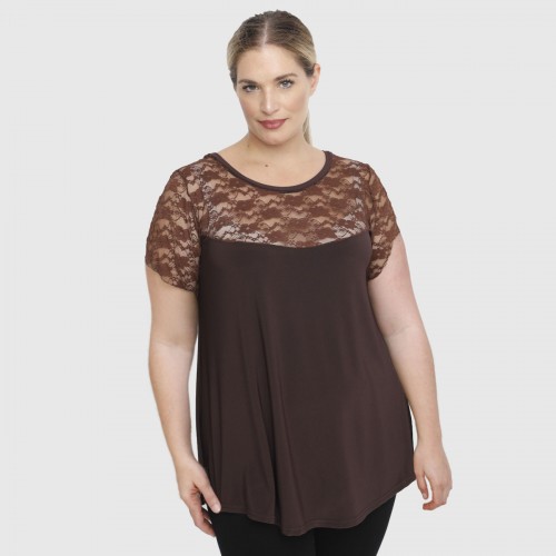 A23-113D Blouse with Lace on chest and sleeve end - Brown