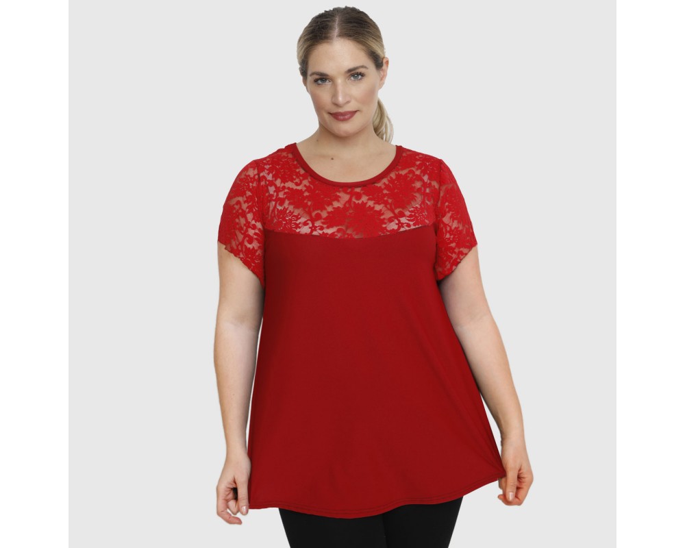 A23-113D Blouse with Lace on chest and sleeve end - Dark red Plus Size