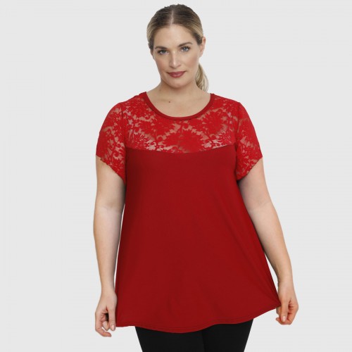 A23-113D Blouse with Lace on chest and sleeve end - Dark red
