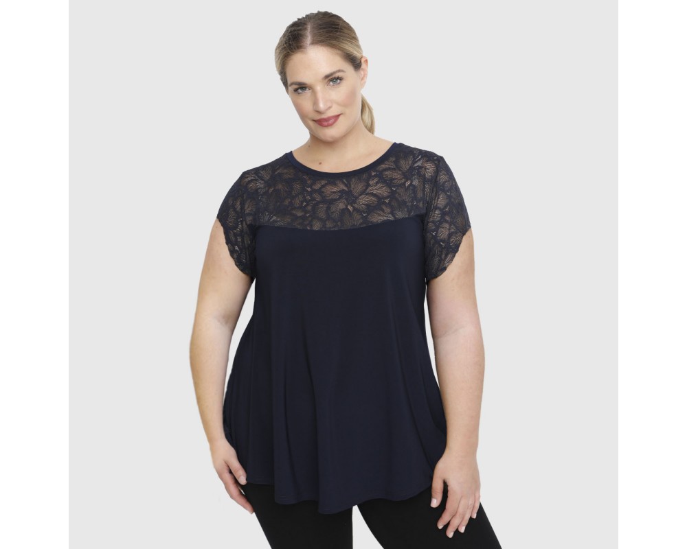 A23-113D Blouse with Lace on chest and sleeve end - Navy Blue Plus Size