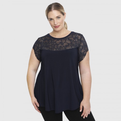 A23-113D Blouse with Lace on chest and sleeve end - Navy Blue