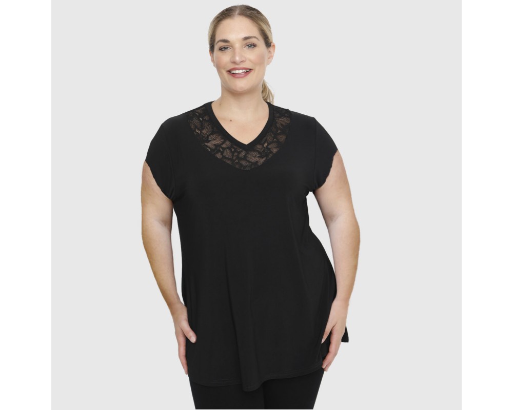 A23-114D Blouse with Printed neck - Black Plus Size