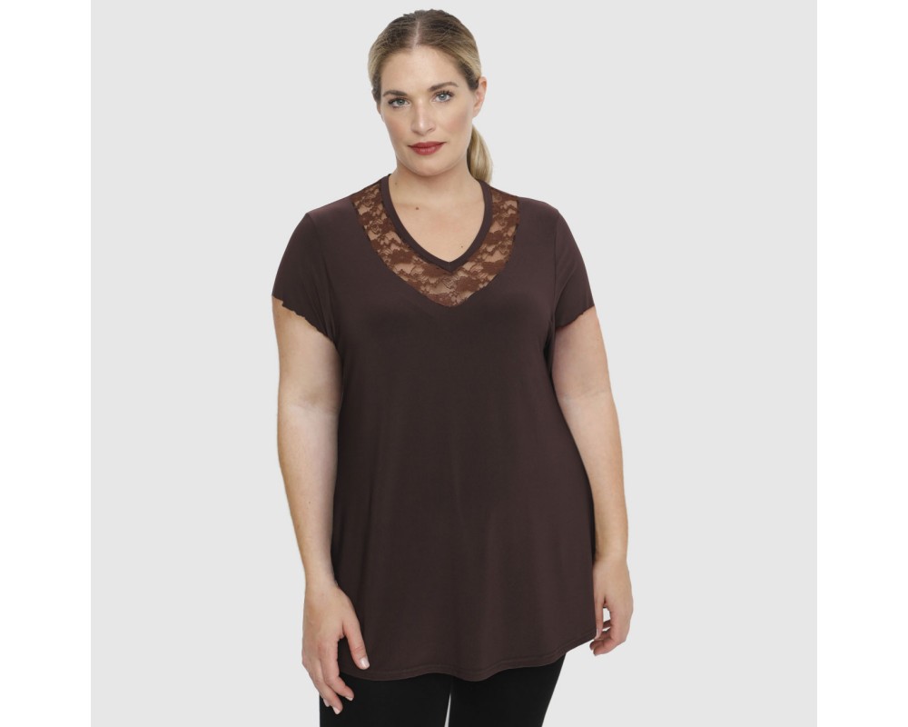 A23-114D Blouse with Printed neck - Brown Plus Size