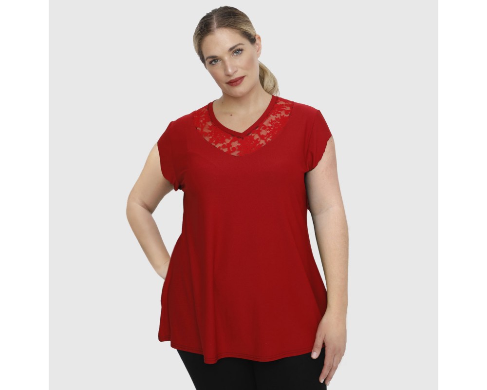 A23-114D Blouse with Printed neck - Dark red Plus Size
