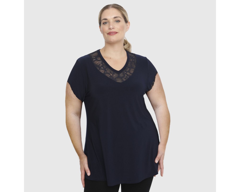 A23-114D Blouse with Printed neck - Navy Blue Plus Size