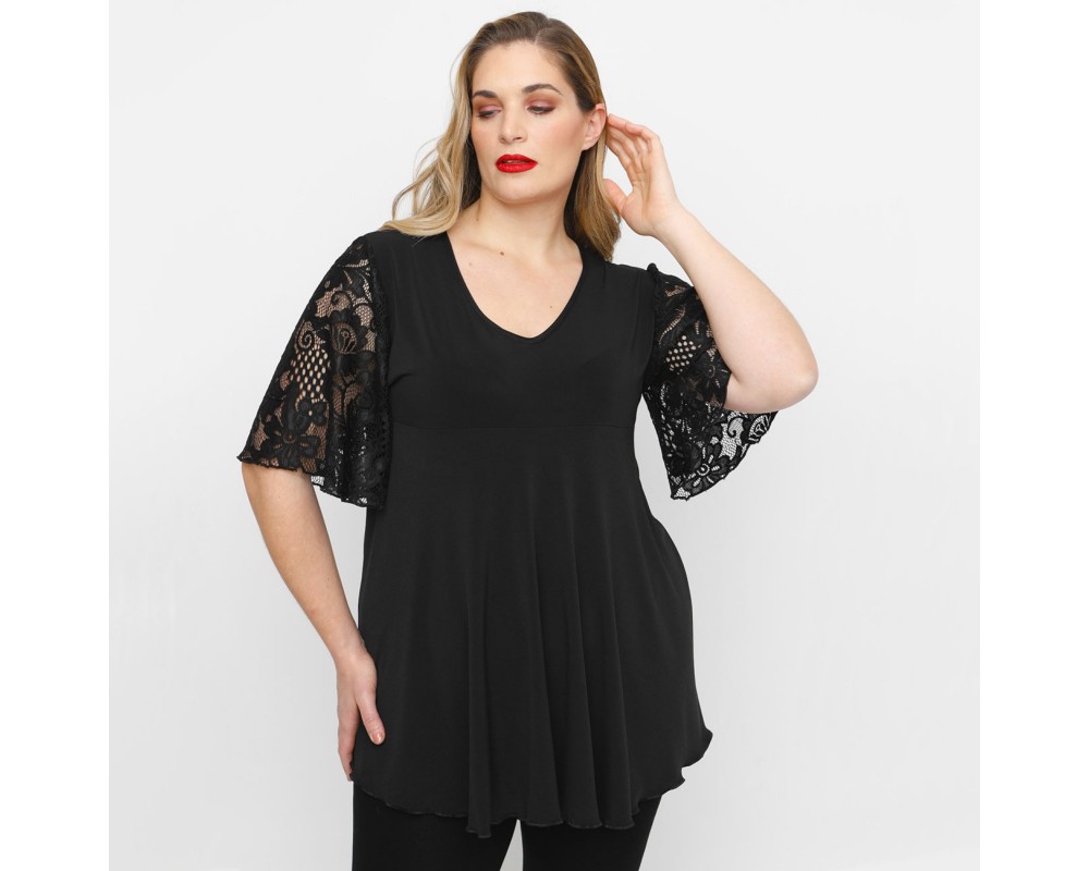 A23-136 Blouse with lace sleeves - Black Plus Size