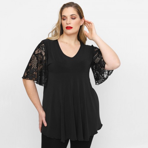 A23-136 Blouse with lace sleeves - Black A23-136 Blouse with lace sleeves - Black