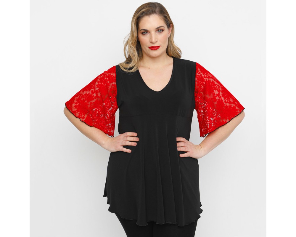 A23-136 Blouse with lace sleeves - Bordeaux Plus Size