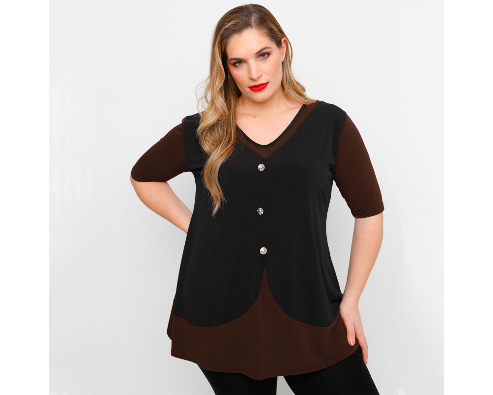A23-137 Blouse vest style with buttons - Brown Plus Size
