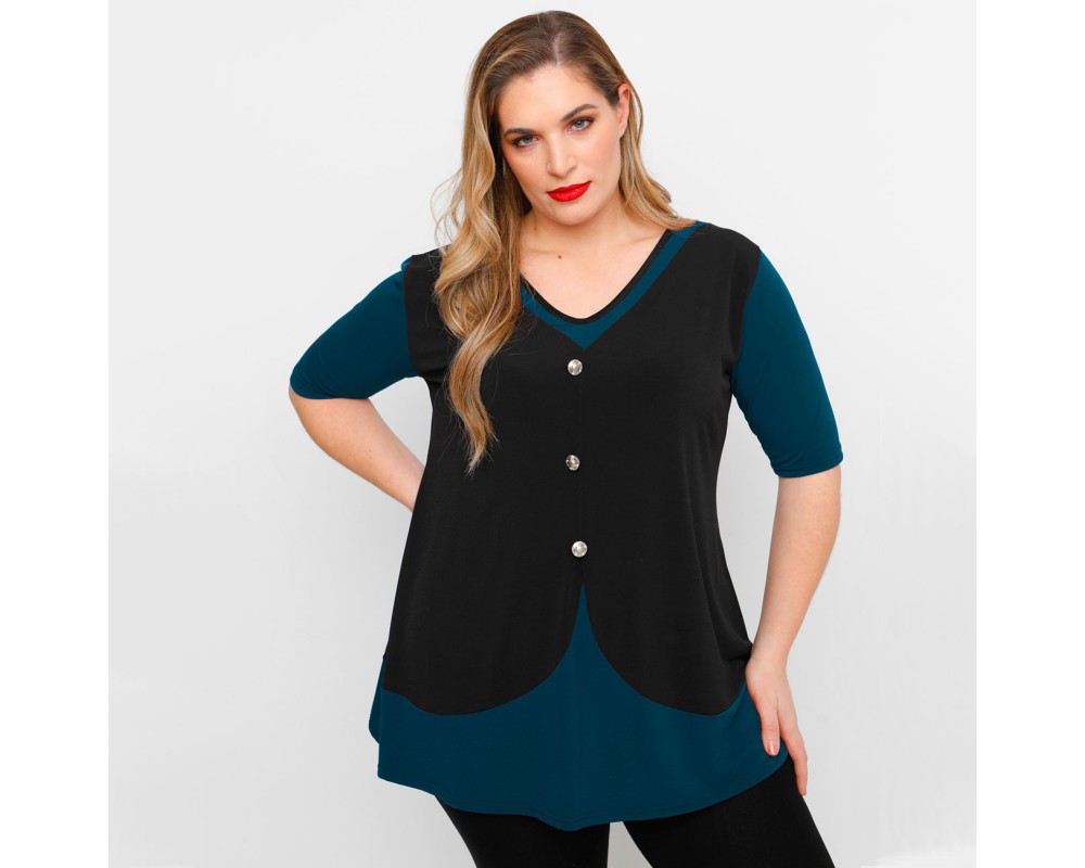 A23-137 Blouse vest style with buttons - Petrol Plus Size