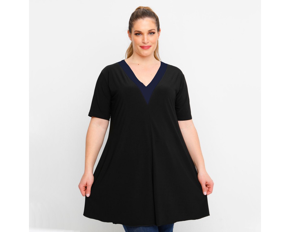 A23-176V - V neck blousedress - Navy Blue Plus Size