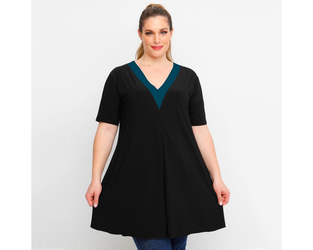 A23-176V - V neck blousedress - Petrol Plus Size