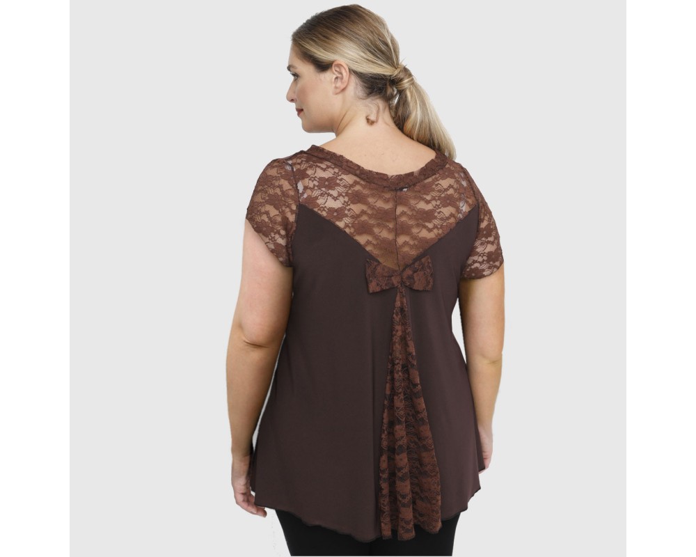 A23-189D Blouse with lace - Brown Plus Size