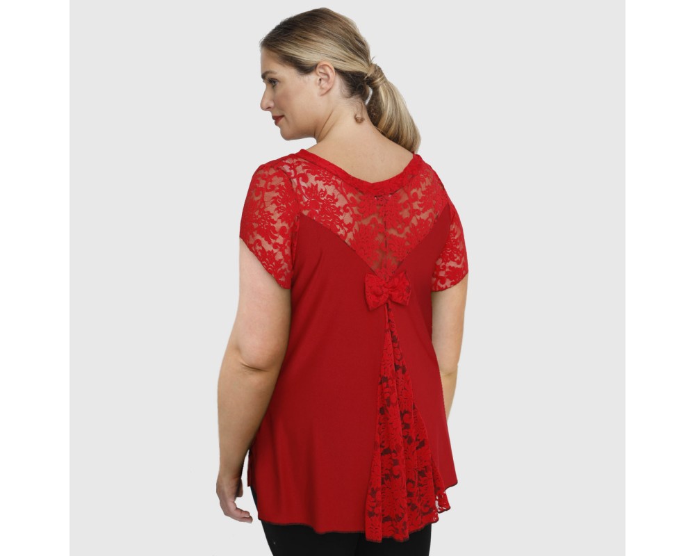 A23-189D Blouse with lace - Dark red Plus Size