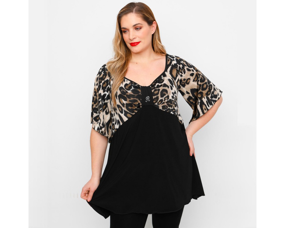 A23-6061 Blouse Printed on chest and sleeves - Brown Plus Size