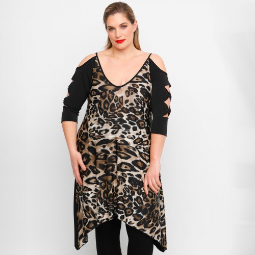 A23-6082 Blousedress with cuts on the sleeves, with pattern on the front and plain on the back - Brown A23-6082 Blousedress with cuts on the sleeves, with pattern on the front and plain on the back - Brown