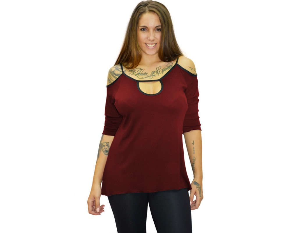 B19-222 Classic blouse with hole on the neck - Bordeaux Plus Size