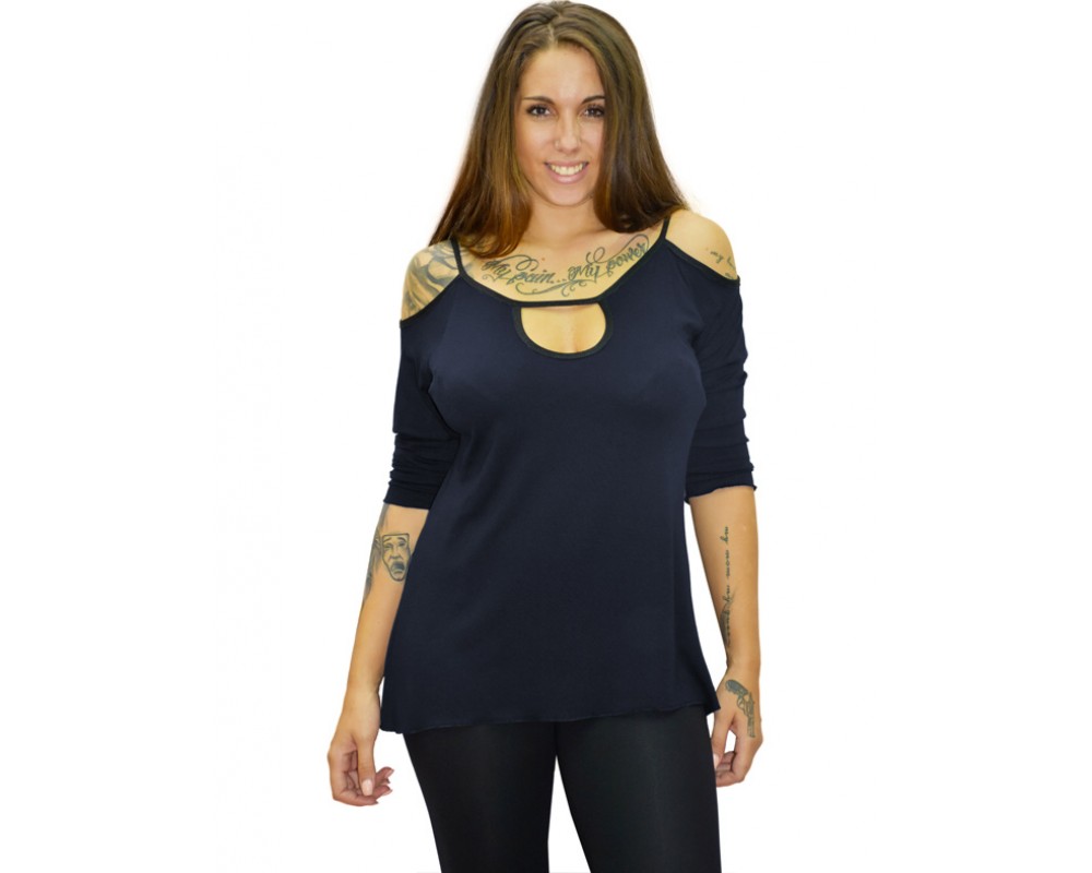B19-222 Classic blouse with hole on the neck - Navy Blue Plus Size