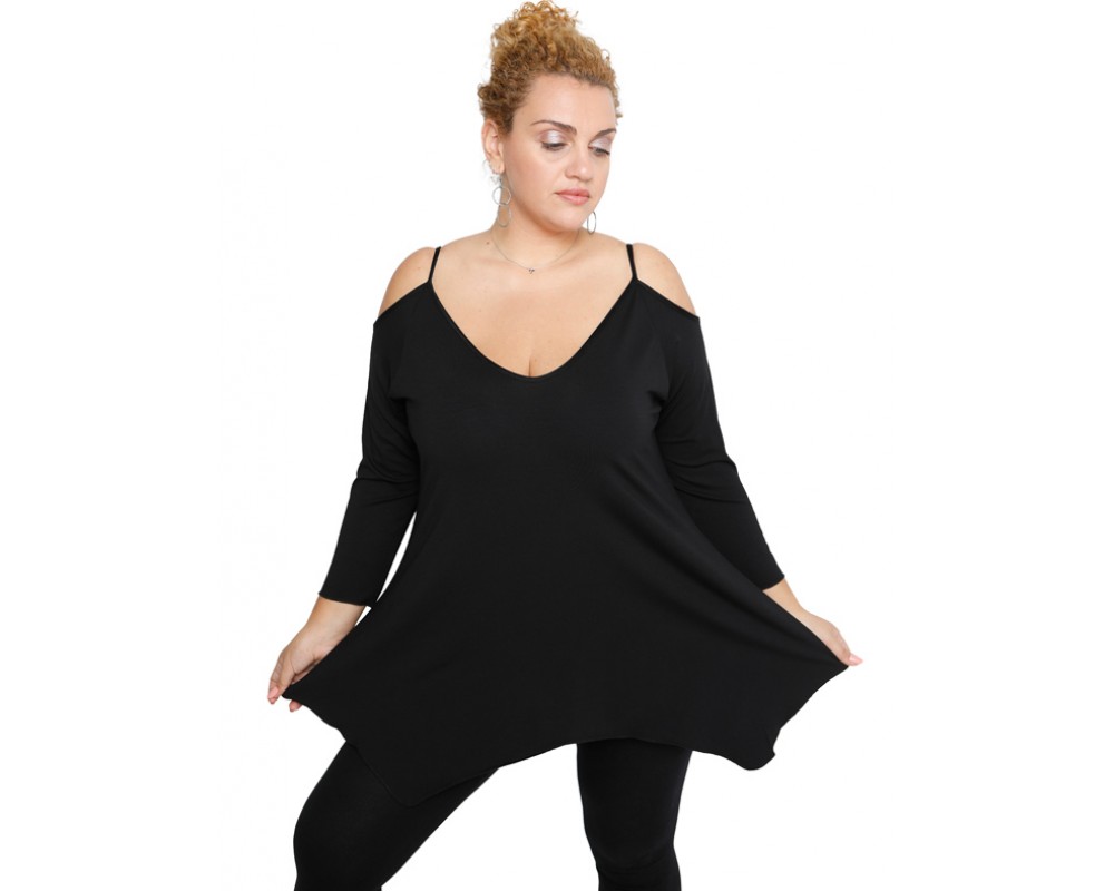B19-223A Alpha blouse with V neck - Black Plus Size