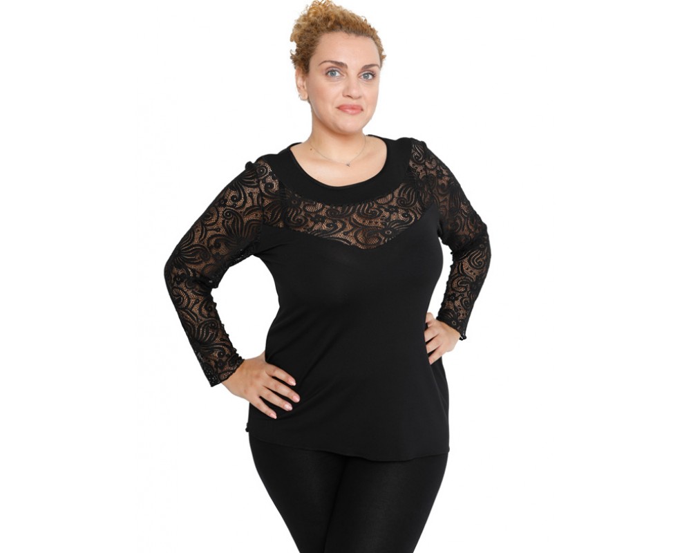 B19-247D Classic blouse with lace - Black Plus Size