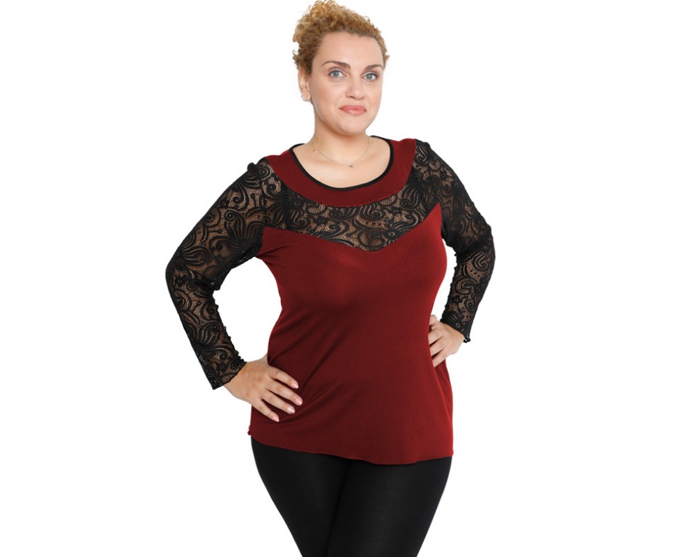 B19-247D Classic blouse with lace - Bordeaux Plus Size